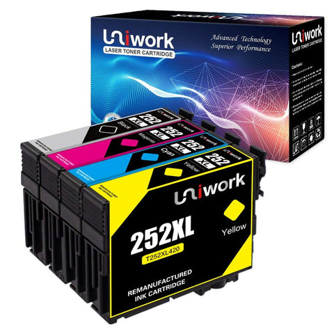 Uniwork Remanufactured Ink Cartridge Replacement for Epson 252 XL 252XL T252XL use for Workforce Wf-3640 Wf-3620 Wf-7610 Wf-7620 Wf-7710 Wf-7720 Wf-7210 Wf-7110 (1 Black 1 Cyan 1 Magenta 1 Yellow)