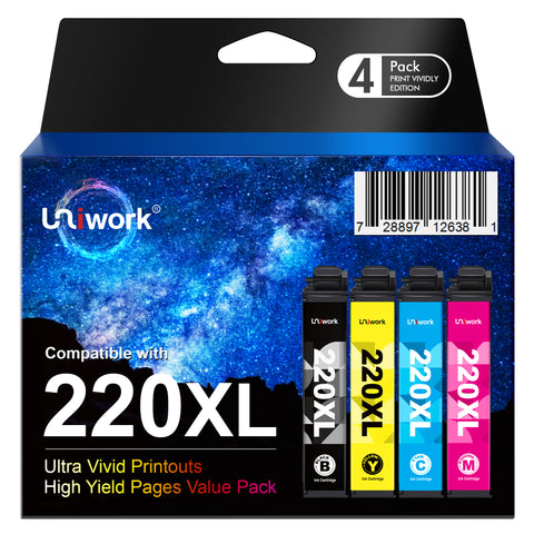 Uniwork Remanufactured Ink Cartridge Replacement for Epson 220 220XL use for Workforce WF-2760 WF-2750 WF-2630 WF-2650 WF-2660 XP-320 XP-420 Printer (1 Black 1 Cyan 1 Magenta 1 Yellow), 4 Pack